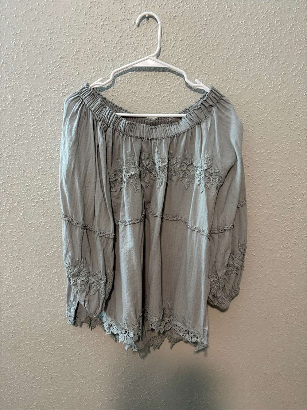 POL Light Gray/Light Olive Green Off-Shoulder Embroidered Peasant Tunic
